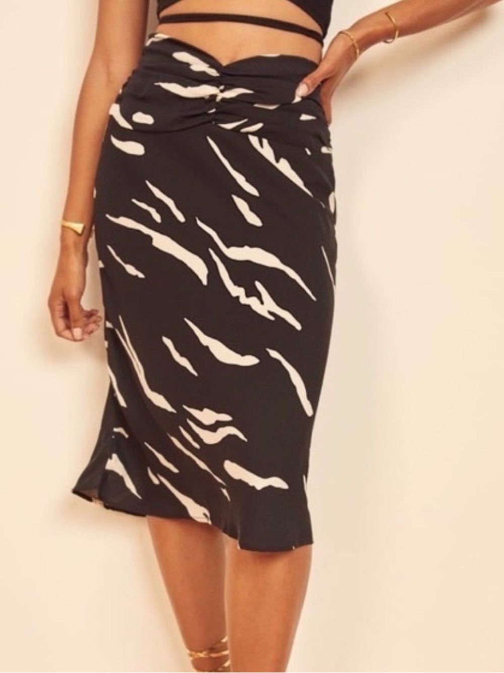 Reformation Matilda Black and White Twist-Waist Midi Skirt